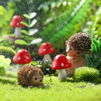 Queekay Resin Hedgehogs & Wood Mushroom Sculpture, Fairy Wild Garden Supplies - Image 4