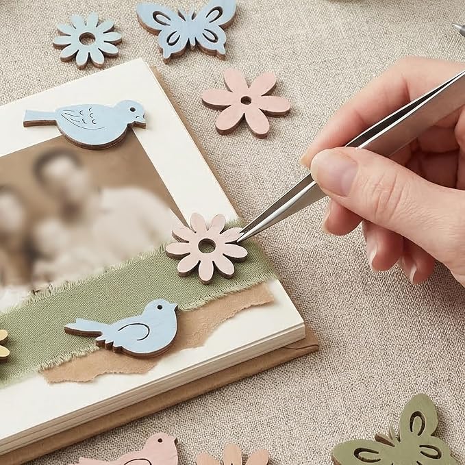 Amosfun 100PCS Wooden Cutouts for Crafts, Unfinished Wood Flowers Bird and - Image 7