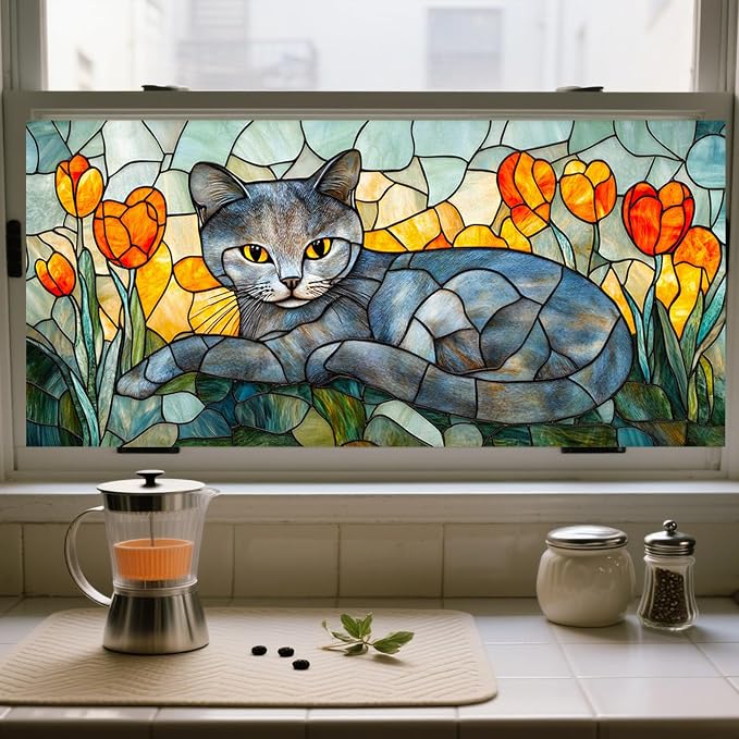 IVN Stained Glass Window Film 39.3x17.7 inch Cat and Tulips Window Privacy Film - Image 6