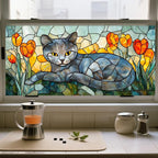 IVN Stained Glass Window Film 39.3x17.7 inch Cat and Tulips Window Privacy Film - Image 6