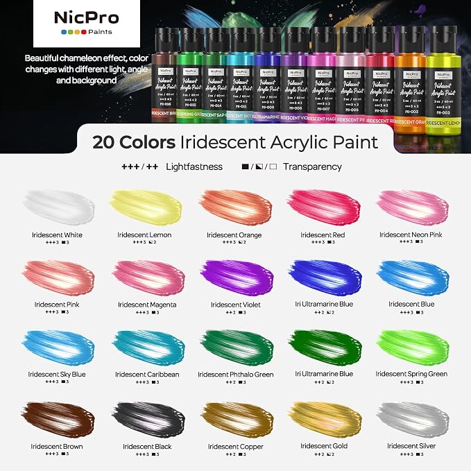 Nicpro 20 Colors Iridescent Acrylic Paint Set, 2 oz/60 ml Chameleon Metallic - Image 6