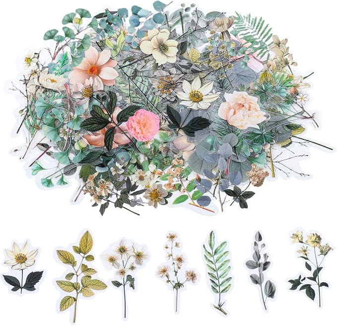 85 Pieces Natural Scrapbooking Stickers, Self-Adhesive Daisy Camellia Stickers by Pengxiaomei