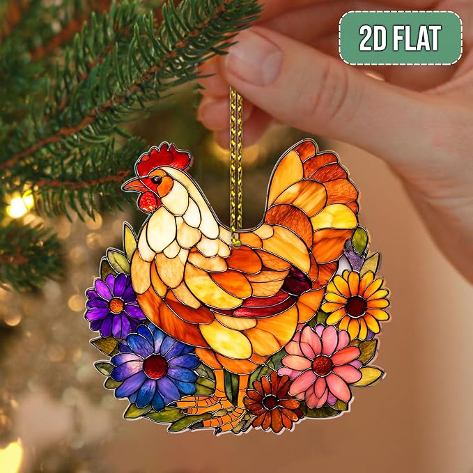 2D Flat Faux Stained Glass Chicken Acrylic Christmas Ornament, Hen Ornaments - Image 4