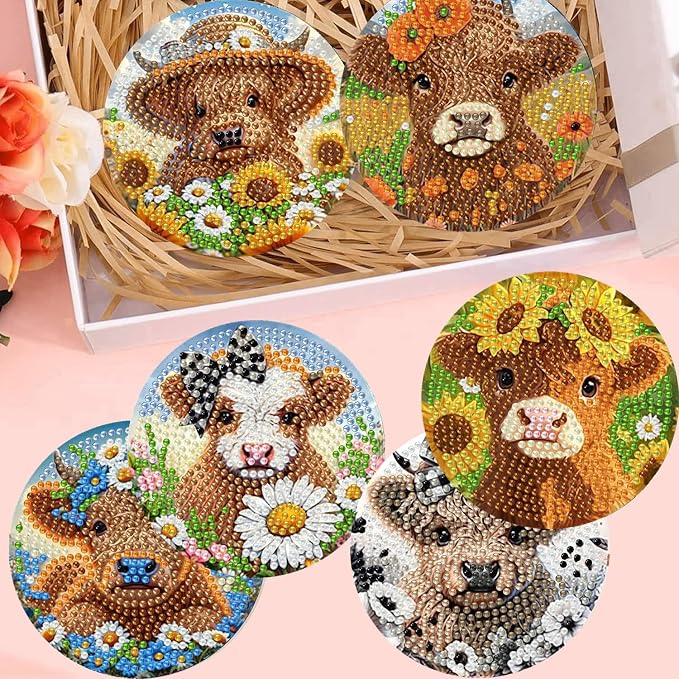 8 Pack Diamond Art Coasters, Highland Cow Diamond Painting Coasters Kits | Cow - Image 6