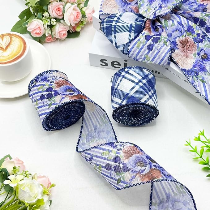 Blue Floral Wired Ribbon 2 Rolls, 2.5 Inch x 20 Yards Vintage Blue and White - Image 2