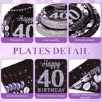 Pickmesh 400 Pcs 40th Birthday Party Supplies Purple Black Happy 40th Birthday - Image 3