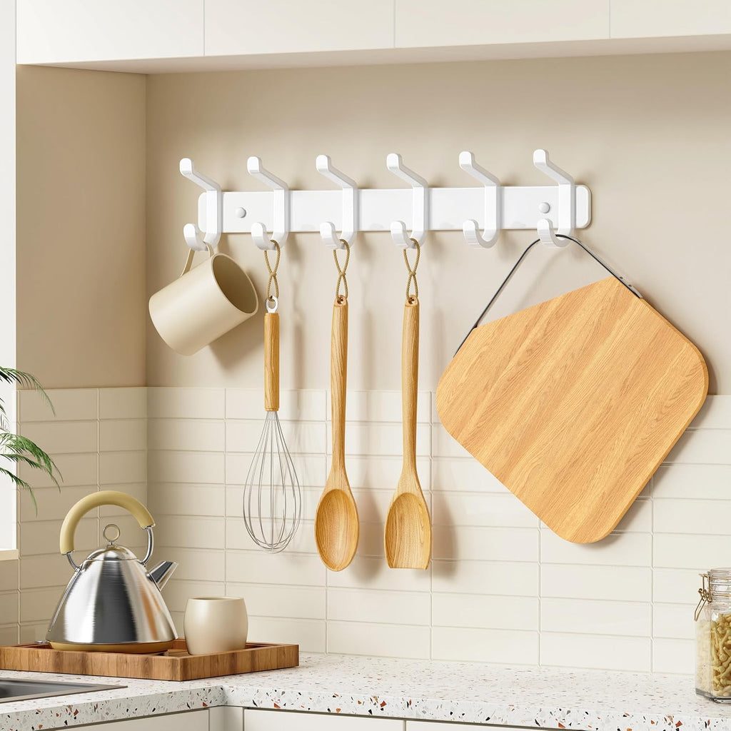 Coat Rack Wall Mounted Heavy-Duty: Metal Coat Hanger 6 Hooks for Hanging Hat, Clothes, Robe, Keys, Backpack, Bathroom Towels, Jacket, Purse - Closet, Door, Entryway, Mudroom (White, 1 Pack)