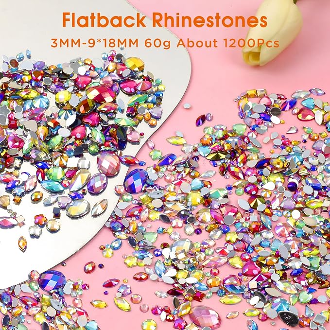 1200Pcs Crystal Gems for Crafts Mix Sizes Flatback Rhinestone Acrylic AB - Image 2