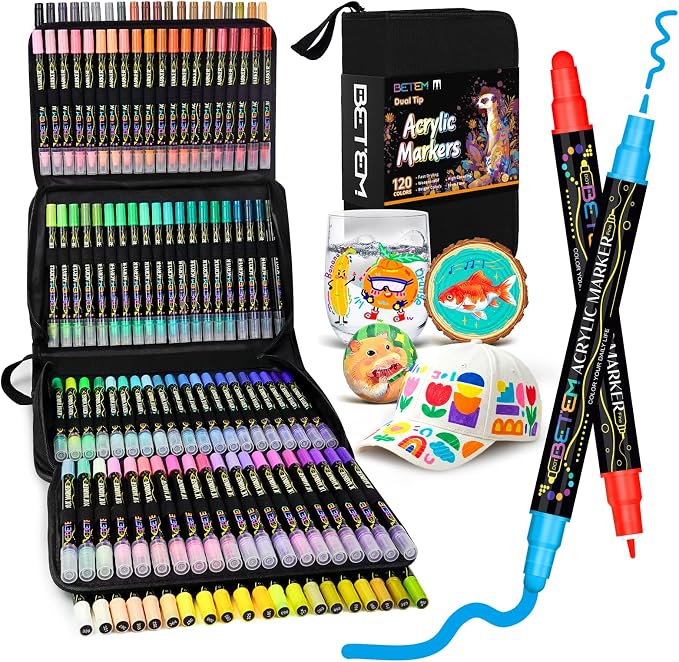 Betem 120 Colors Dual Tip Acrylic Paint Markers, Fabric Decorating Kits Premium by BetemArtWorld
