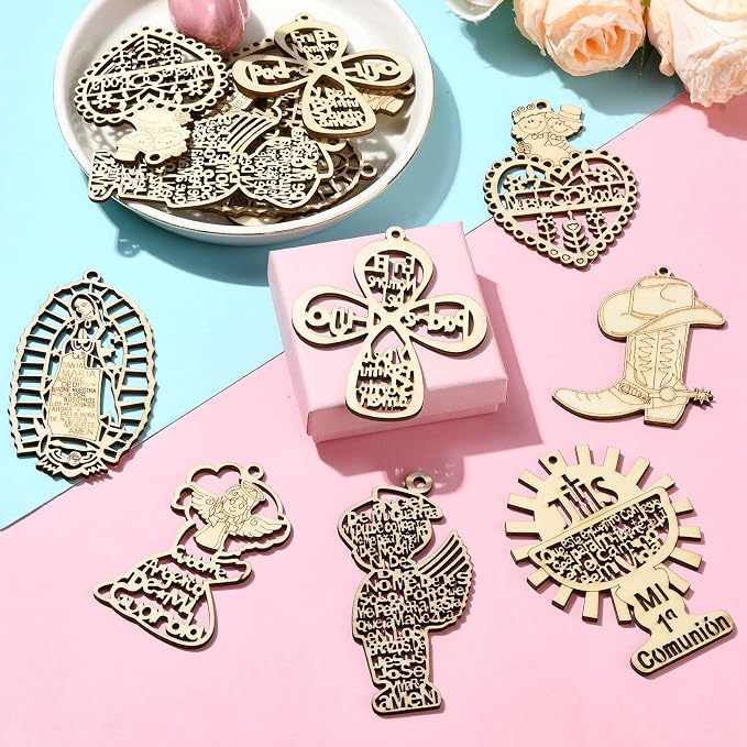 35 pcs 7 Styles Wedding Theme Wood Cutout Charms Angel Goddess Heart Cross Sun - Image 5