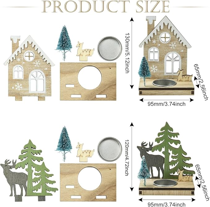 2 pcs 2 Styles Christmas Candlestick Theme Wooden Bases House Deer Tree Wood - Image 2