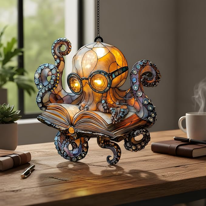Nerdy Reading Octopus Acrylic Suncatcher - Image 2