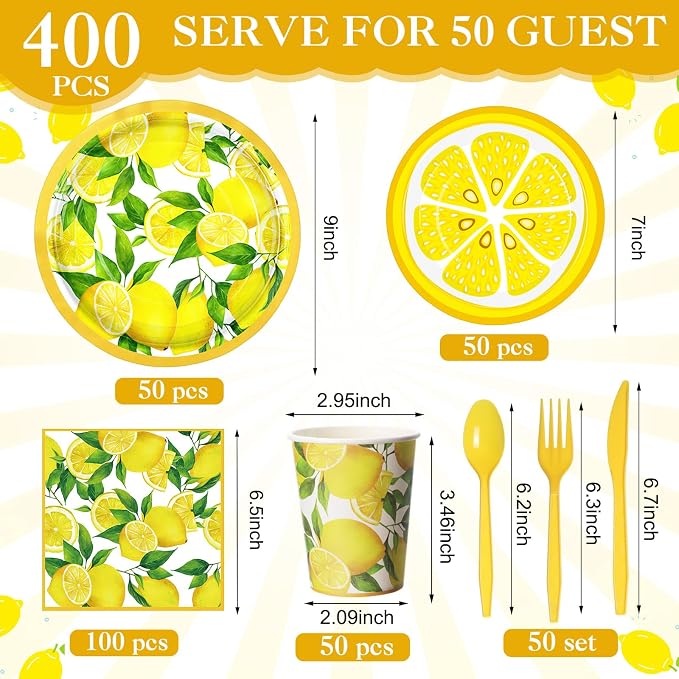 Pickmesh 400 Pcs Lemon Party Supplies Summer Fruit Disposable Plates Napkins - Image 2