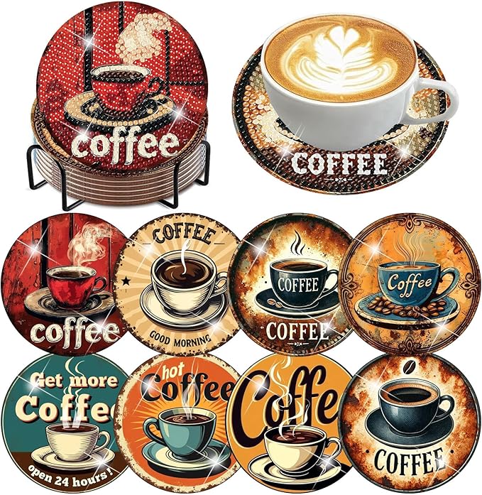 8 Pack Diamond Art Coasters, Coffee Retro Diamond Painting Coasters Kits | by Zythron