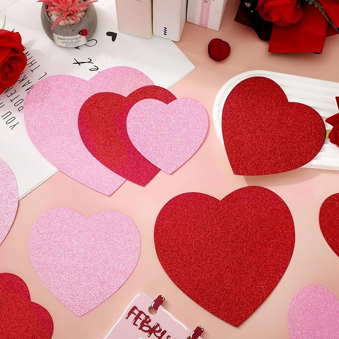 JarThenaAMCS 45Pcs Valentine' s Day Paper Cutouts Red Pink Glitter Heart Shape - Image 4