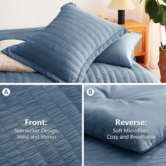 CozyLux Oversized Queen Comforter Set Grayish Blue Seersucker 7 Pieces 98x98 - Image 4