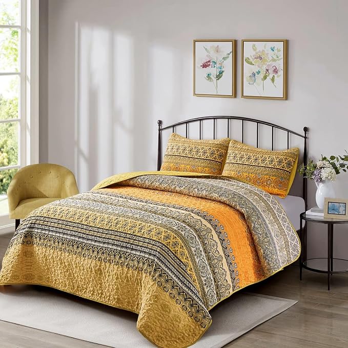 WONGS BEDDING Boho Queen Quilt Set, Lightweight Microfiber Bed Decor Bedspread - Image 2