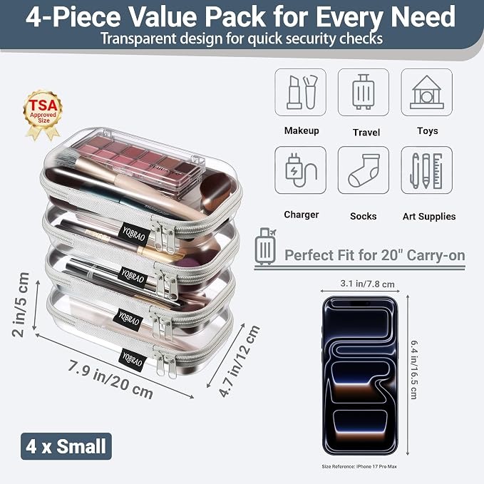 YQBRAO 4-Pack Clear Hard Shell Zipper Case, 1.2mm Ultra-Thick Diaper Bag - Image 4