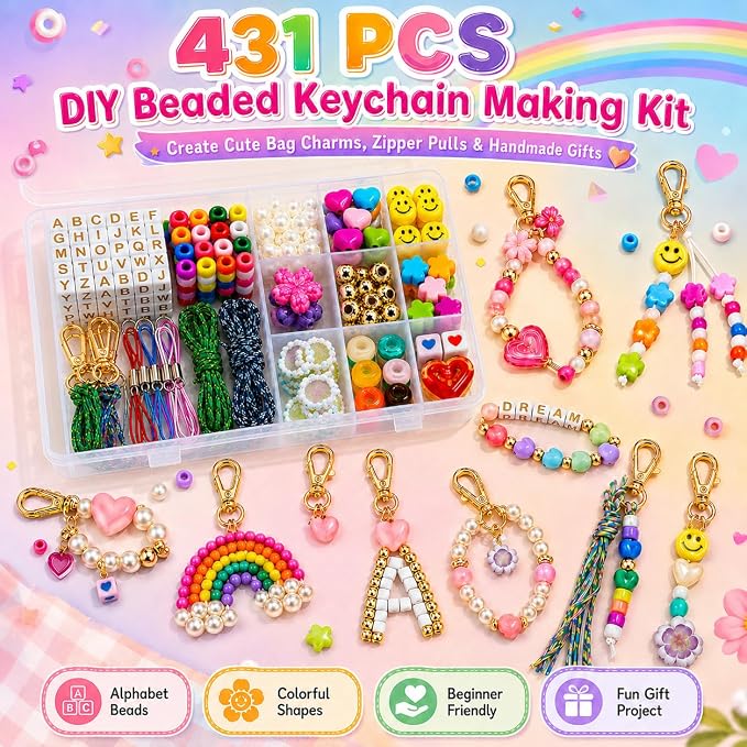 431PCS DIY Beaded Keychain Making Kit, Bag Charm Making Kit | A-Z Alphabet Beads - Image 2