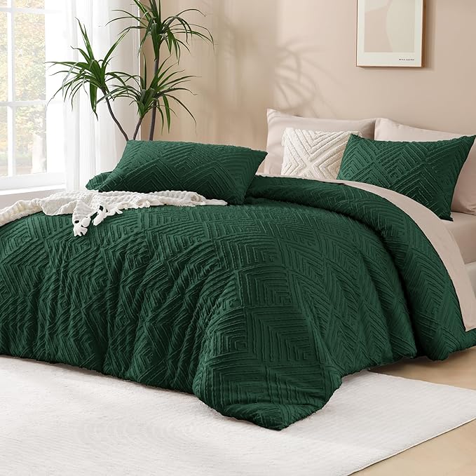 Andency Dark Emerald Green Boho Queen Comforter Set, Lightweight Fluffy Bedding by Andency
