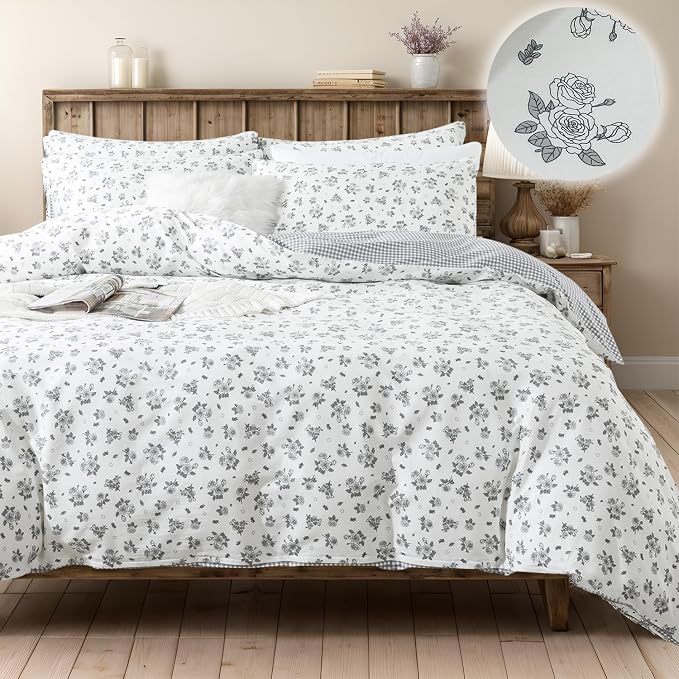 FADFAY Twin Size Duvet Cover Set 100% Cotton Grey White Floral Comforter Cover by CottonWorldSweetDream