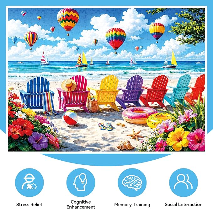 500 Piece Jigsaw Puzzle for Adults – Colorful Beach Chairs and Hot Air Balloons - Image 3