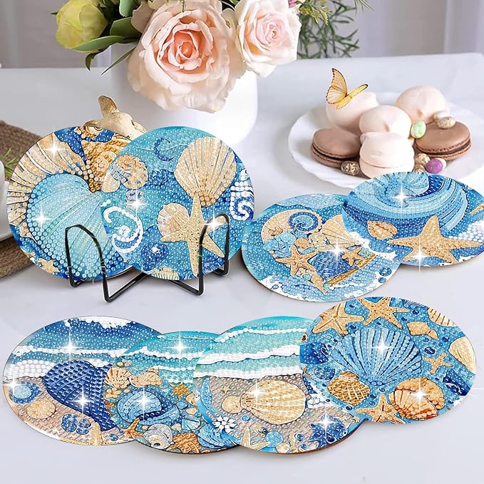 8 Pack Ocean Diamond Art Coasters, Seashell Diamond Painting Coasters Kits | - Image 6
