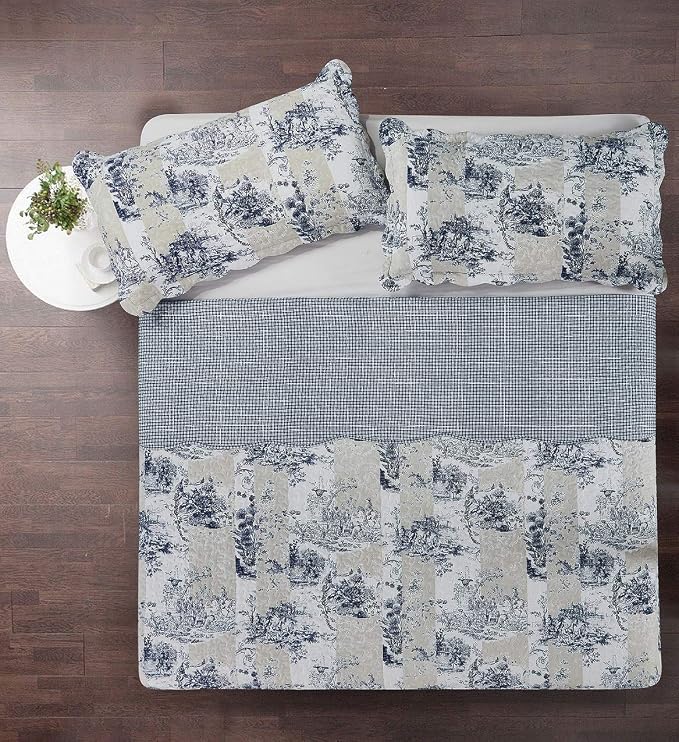 Brilliant Sunshine Blue Toile in Beige and Ivory Patches, 3-Piece Quilt Set - Image 7