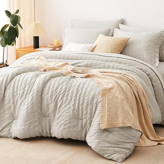CozyLux King Size Comforter Set Beige Seersucker 7 Pieces Bed in a Bag King by CozyLux