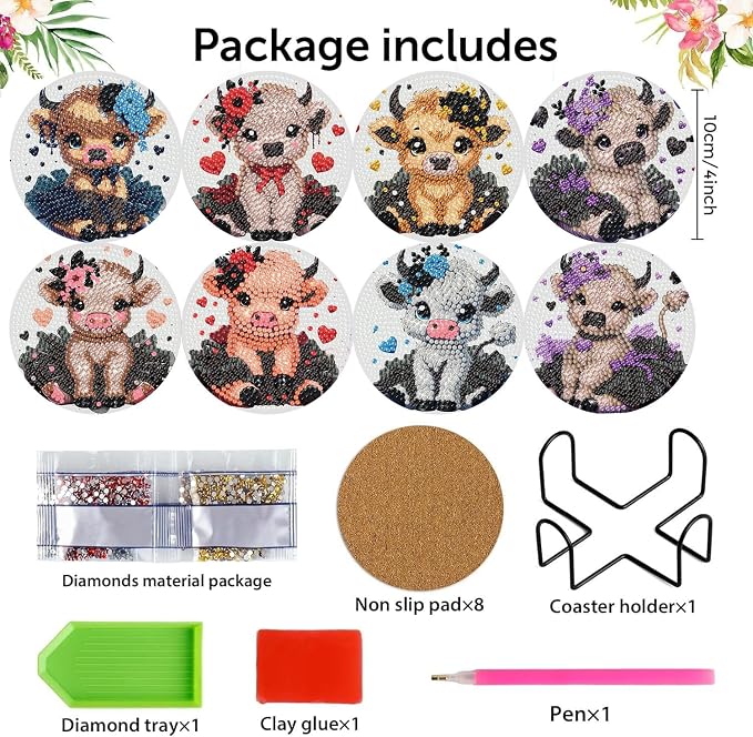 8 Pack Diamond Art Coasters, Highland Cow Diamond Painting Coasters Kits | Cow - Image 2