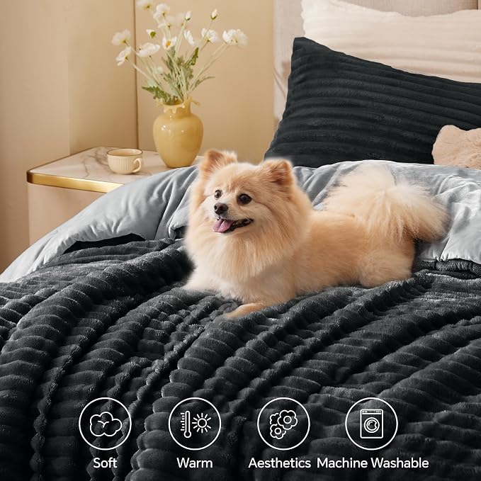 BEDELITE Fleece Oversized Queen Comforter Set -Super Soft & Warm Fluffy Black - Image 3