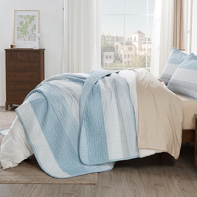 Andency Queen Quilt Bedding Set Aqua Blue, 3 Pieces Patchwork Summer Striped - Image 2