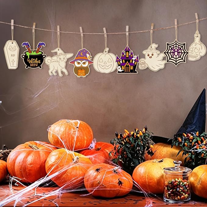 36PCS Wooden Halloween Ornaments to Paint Fall Decorations Crafts - Image 5