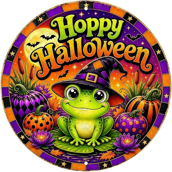 Cute Frog Witch Halloween Metal Tin Sign Round Wall Decor Pumpkin Lotus Moon by Unknown