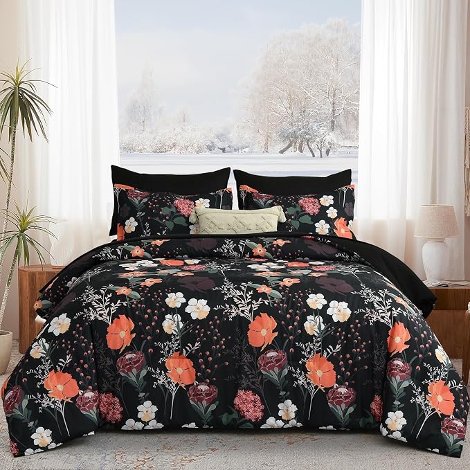 Yiran Black Red Floral Comforter Set King Size, 7 Piece Winter Comforter - Image 8