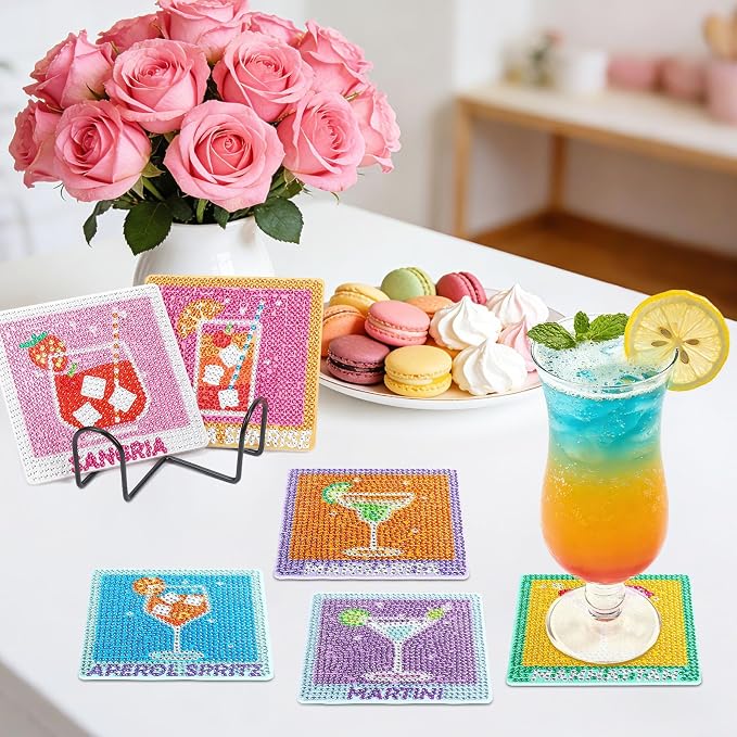 UPINS 8Pcs Cocktail Diamond Art Coasters, Summer Beach Diamond Art Coasters - Image 6