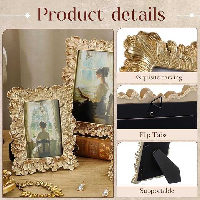Wonderjune 3 Pcs Vintage Picture Frames Antique Set Baroque Ornate Gold Arched - Image 3