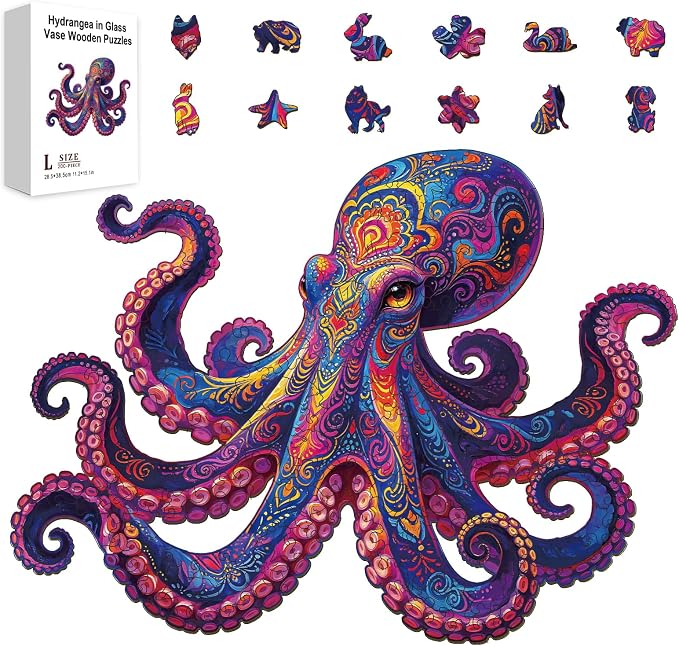 200pcs Wooden Puzzles for Adults Unique Animal Shaped Pieces Colorful Octopus by Unknown