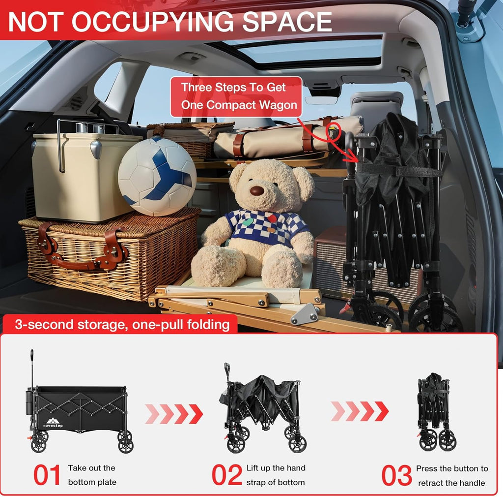 Collapsible Wagon Cart Heavy Duty Utility Carts with All Terrain Wheels for Garden, Grocery, Camping, Sports, Shopping, and Outdoor Use - 360lbs Capacity, Foldable, Portable, 145L Large Wagon