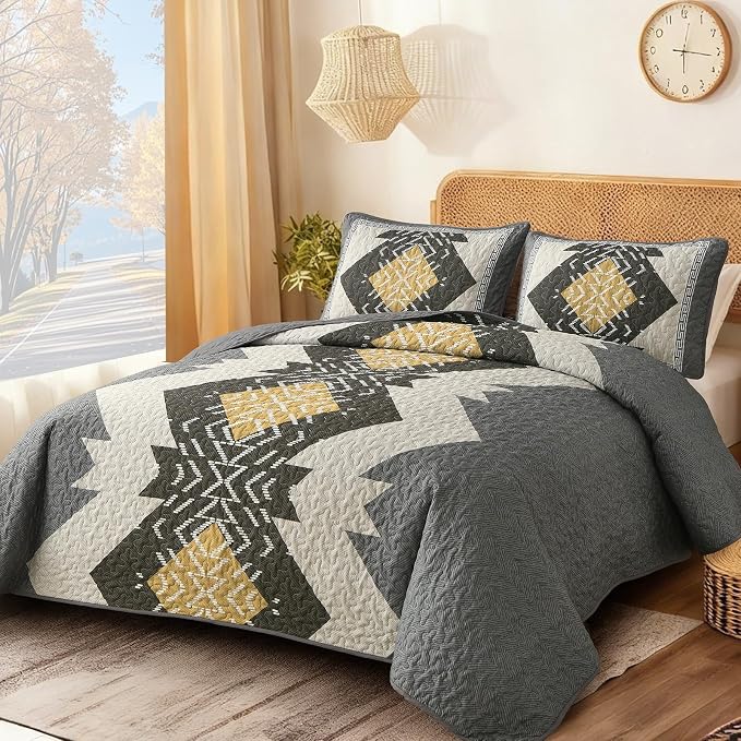 Dintszyayue Boho Quilt Set King Size, 3 Pieces Texture Southwestern Gray - Image 2