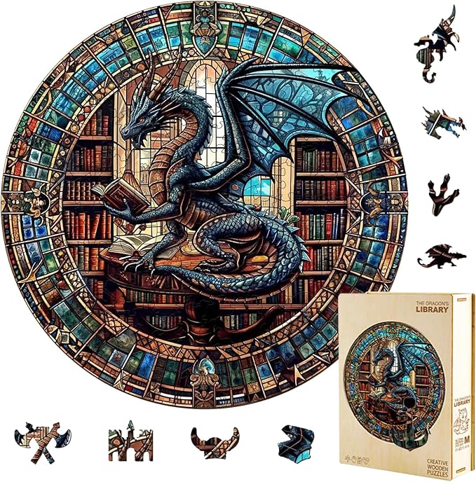 Wooden Puzzles Adults, Dragon Library Puzzle 200 Pieces, Unique Animal Shaped by Jollitot