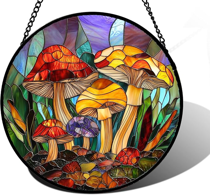 DASTOLL Stained Glass Window Hanging, Jungle Mushrooms Sun Catchers Diamond by DASTOLL