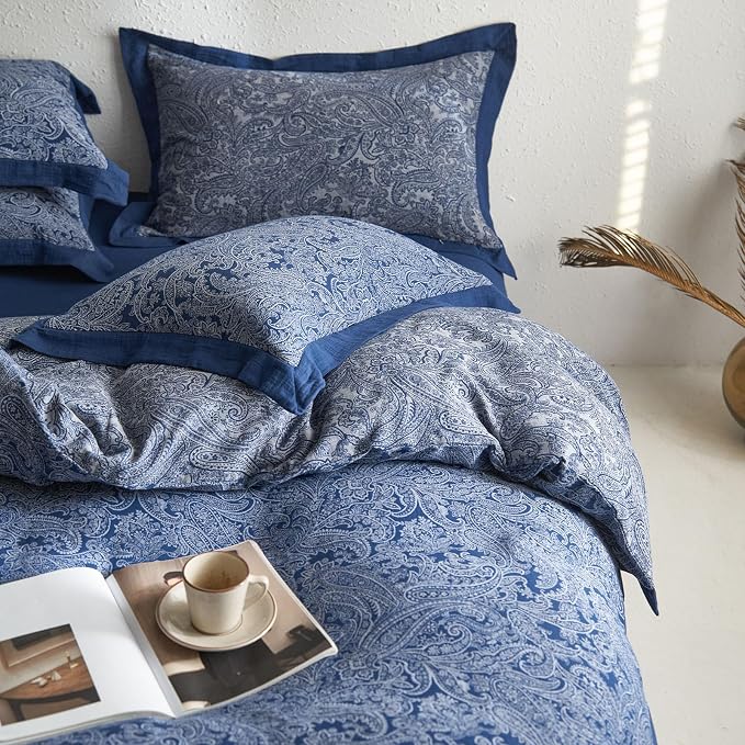 mixinni Muslin Cotton Vintage Navy Blue Paisley Floral Duvet Cover Queen Size - Image 5