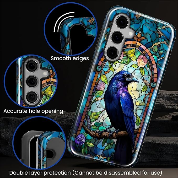 for Samsung Galaxy S24 Case, Crow Faux Stained Glass Pattern Glossy 2 in 1 - Image 5