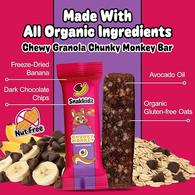 Snakkidz Organic Chewy Granola Bar, Allergen Free, Made with Avocado Oil, Low Sugar (15 Bars, Chunky Monkey)