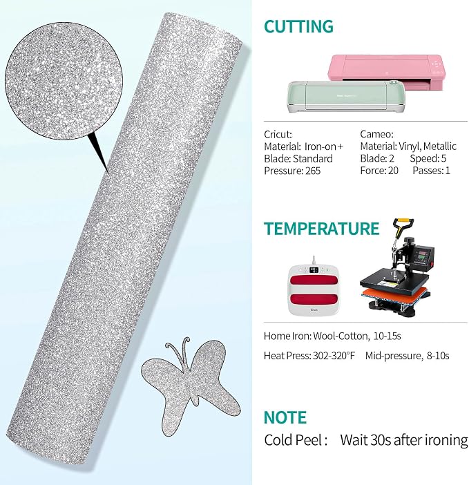 VINYL FROG Glitter HTV Vinyl Heat Transfer Vinyl Roll 12" x 5ft Silver Iron on - Image 3