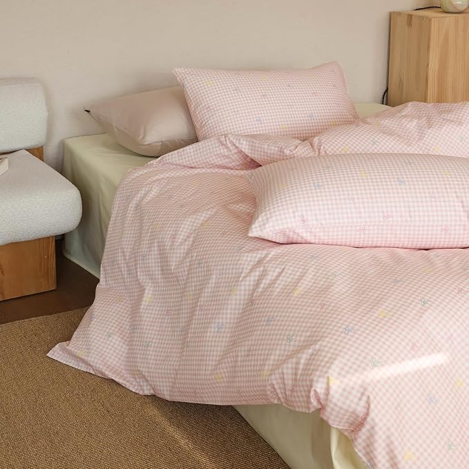 mixinni Gingham Duvet Cover Twin Size, 100% Cotton Light Pink and White Gingham by mixinni