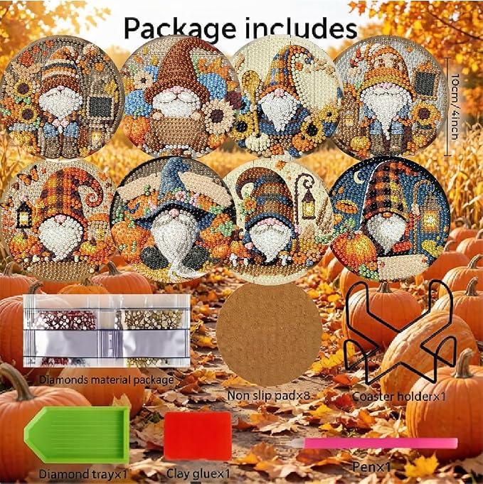 LWZAYS 8 Pcs 5D Autumn Gnome Diamond Art Coasters Kits - Image 2