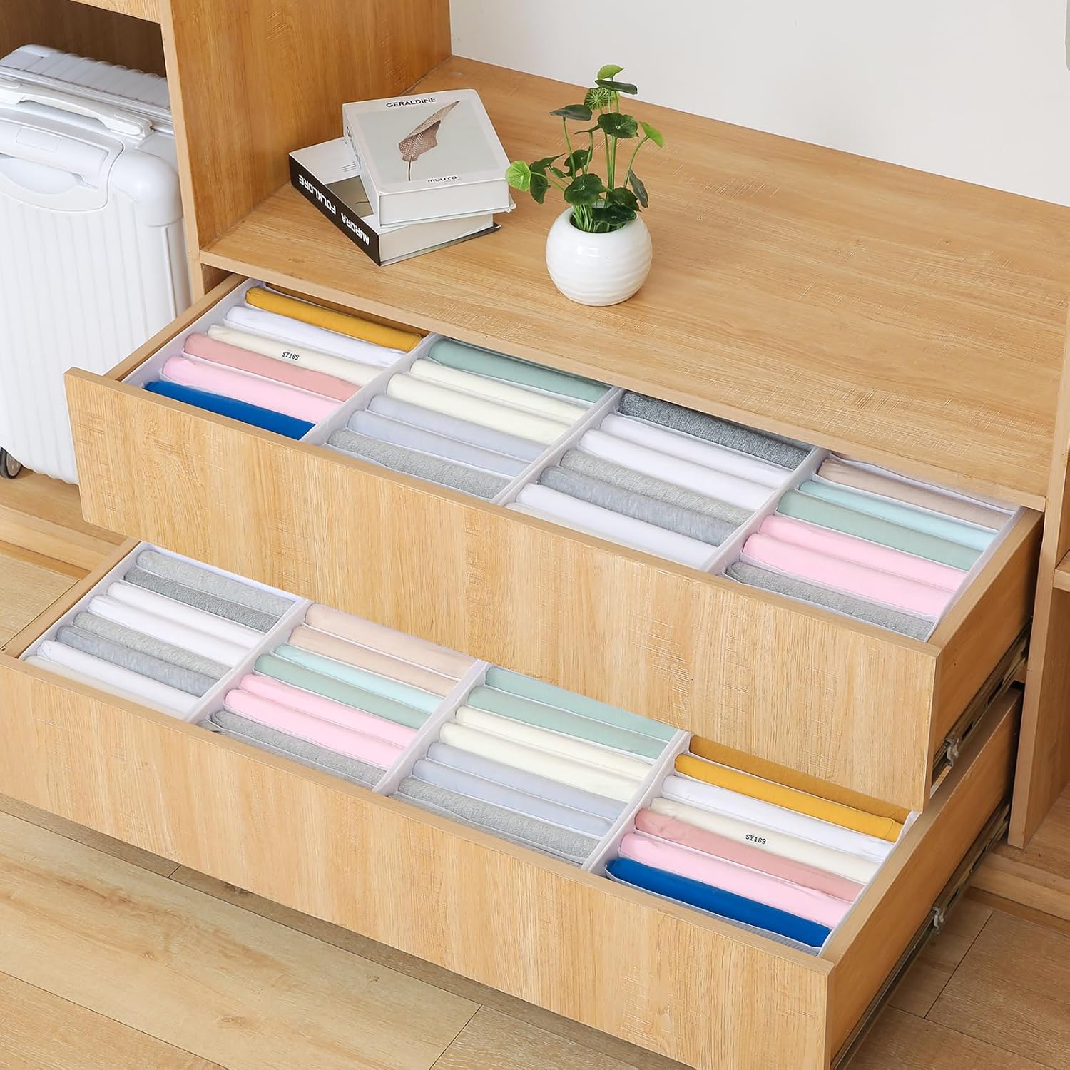 Qozary 4 Pack Drawer Organizers for Clothing, 8 Grids Foldable Closet Organizers and Storage Bins for Bedroom, Dresser Organizer Boxes for Thin T-shirts, Tank Tops (White, Upgrade Height)