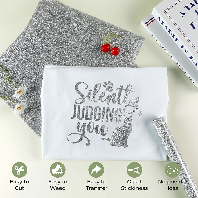 HTVRONT Silver Glitter HTV Heat Transfer Vinyl, 11 Pack | Glitter HTV Vinyl - Image 2